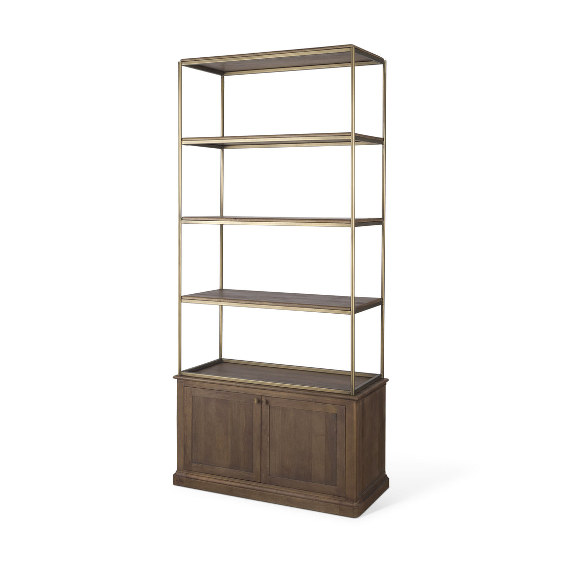 Baron Dark Brown Wood w/ Antiqued Aged Brass Metal 2-Door Open Shelving Unit - Calgary Furniture Store