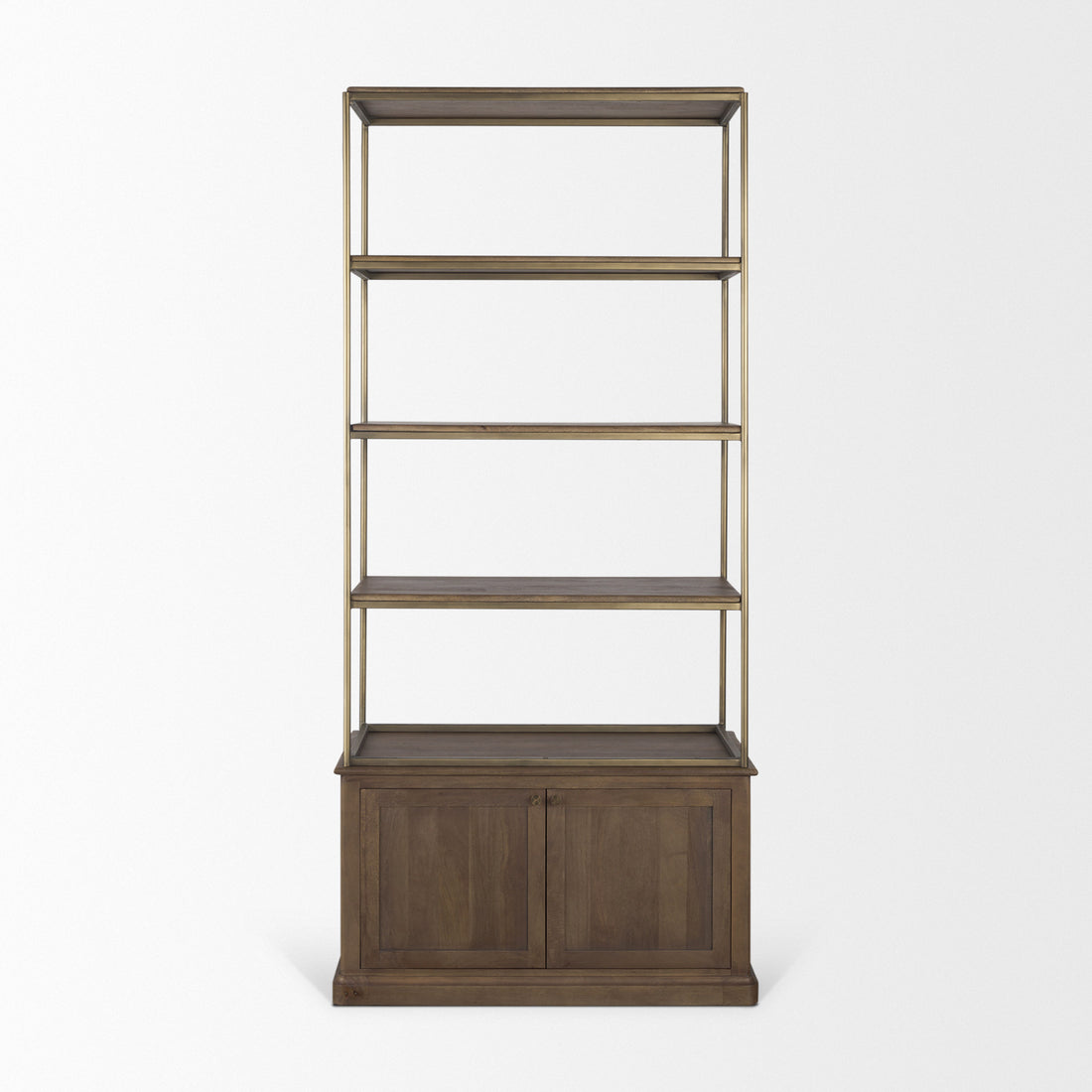 Baron Dark Brown Wood w/ Antiqued Aged Brass Metal 2-Door Open Shelving Unit - Calgary Furniture Store