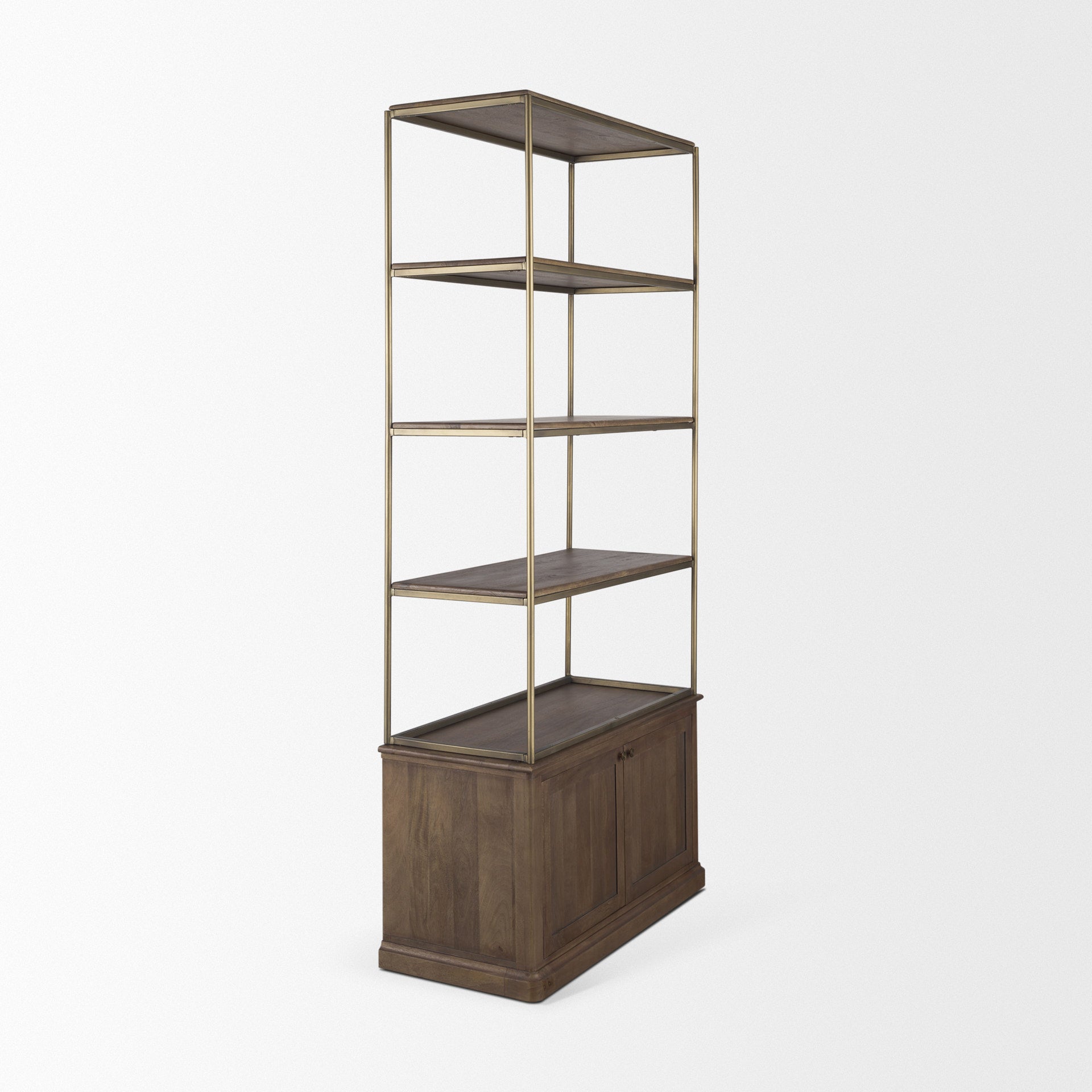 Baron Dark Brown Wood w/ Antiqued Aged Brass Metal 2-Door Open Shelving Unit - Calgary Furniture Store