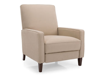 Beige upholstered recliner chair with padded arms on a white background.