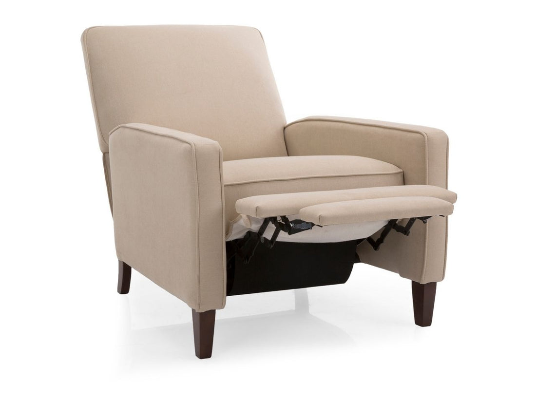 Beige upholstered recliner chair with padded arms on a white background.