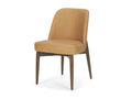 Tan upholstered dining chair with wooden legs on a white background.
