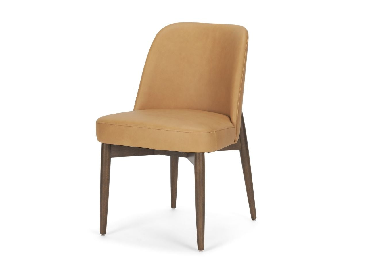 Tan upholstered dining chair with wooden legs on a white background.