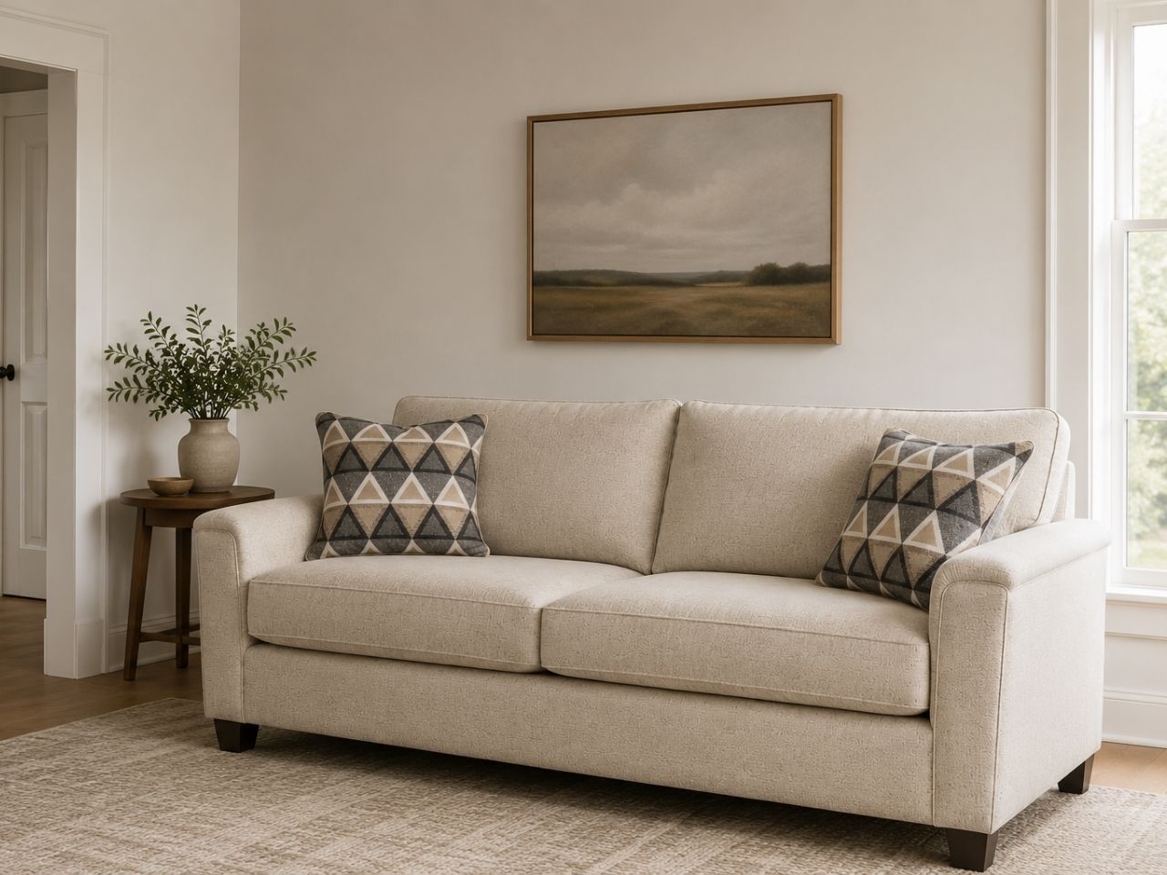Light beige sofa with geometric accent pillows in a cozy, modern living room.