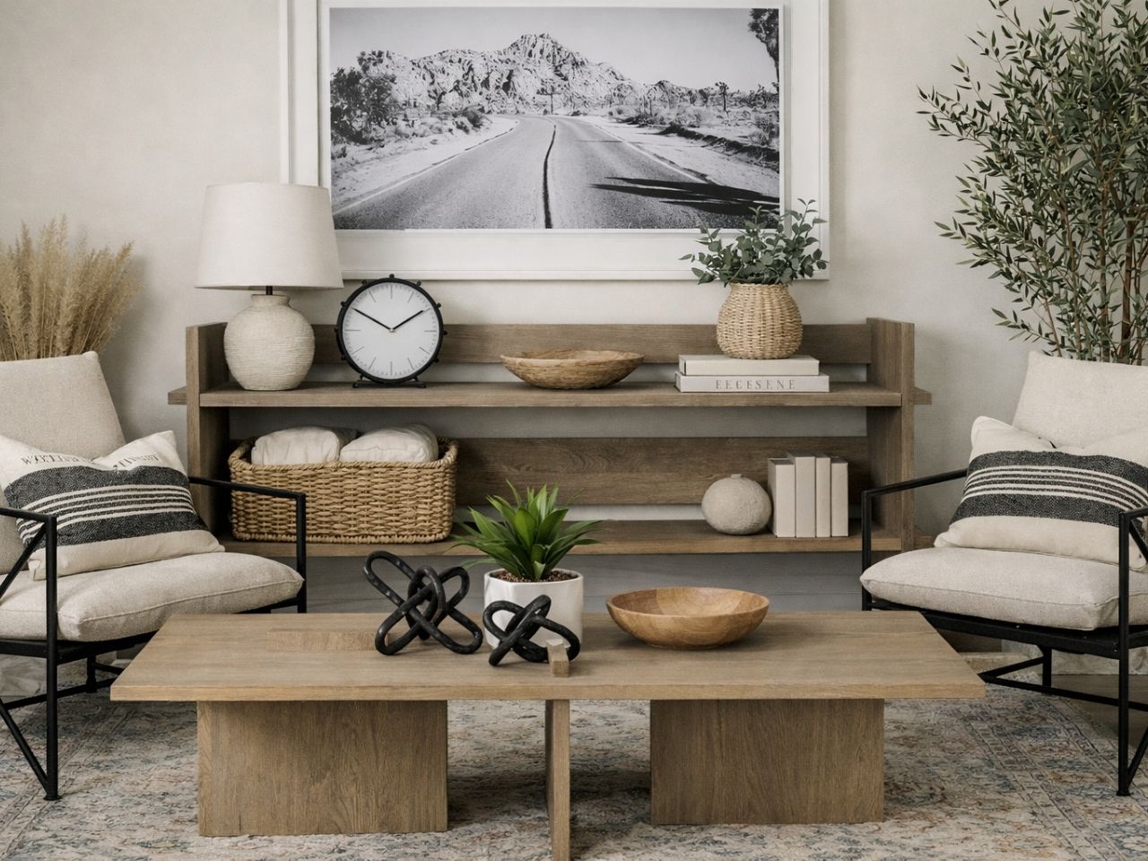 The table is centered in a contemporary living space against a neutral wall. A wide, horizontal black-and-white photograph of a desert road