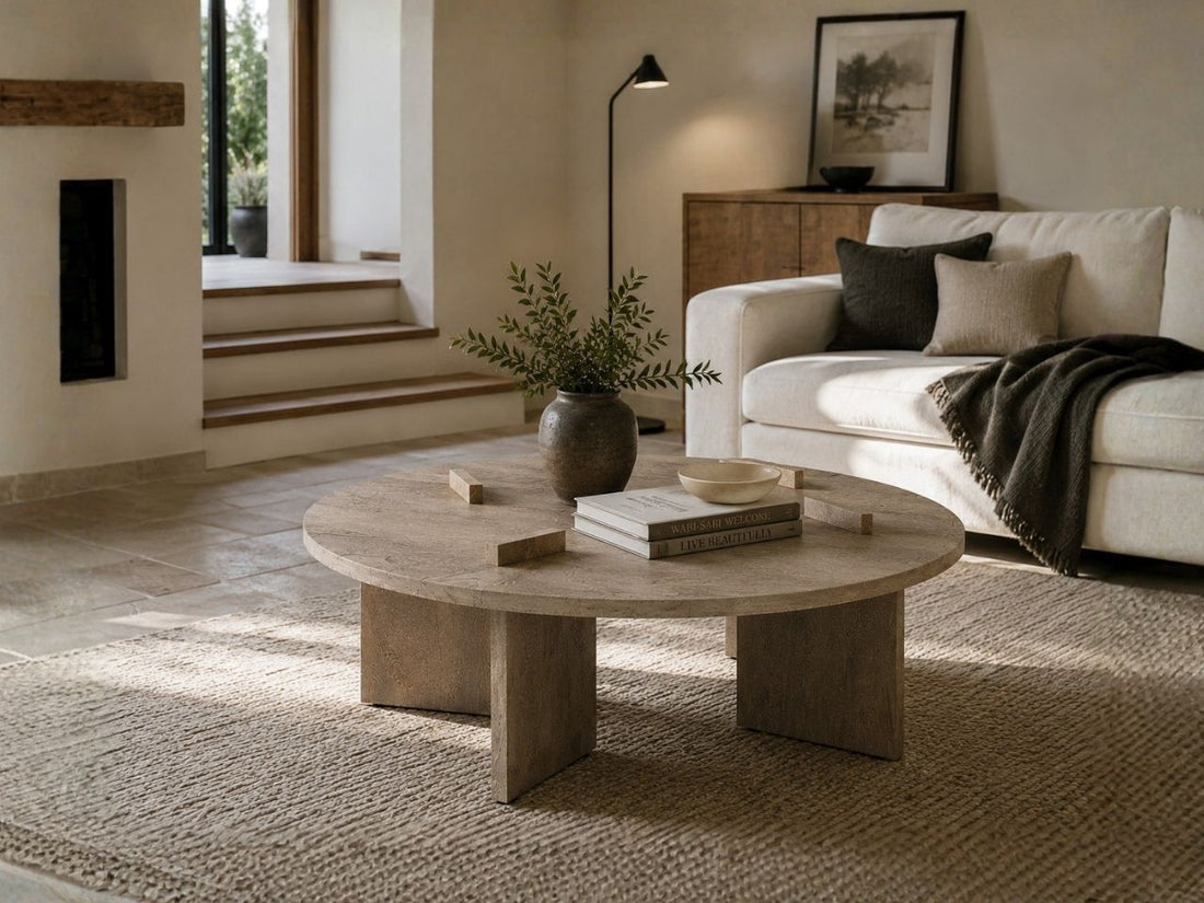 Round coffee table with a light brown wood finish and bold pedestal-style legs, styled in a warm contemporary living room.