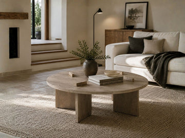 Round coffee table with a light brown wood finish and bold pedestal-style legs, styled in a warm contemporary living room.