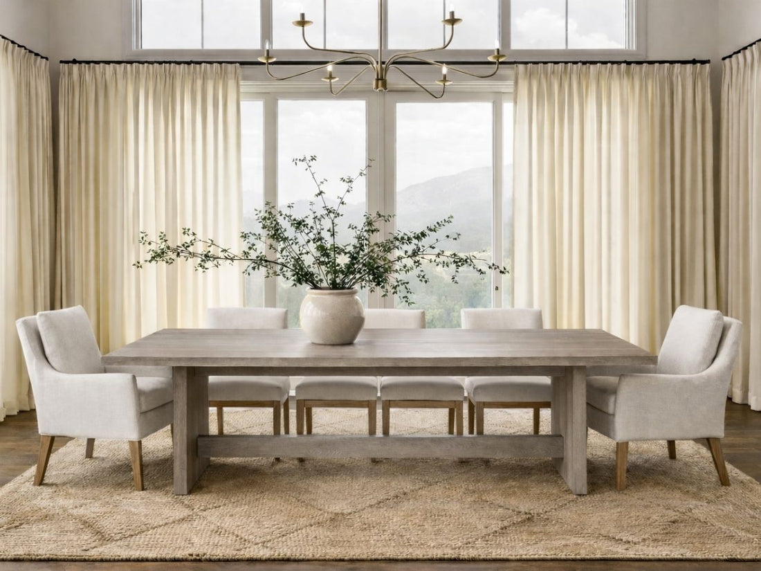 A light grey wood dining table with upholstered chairs in a bright, elegant dining room.