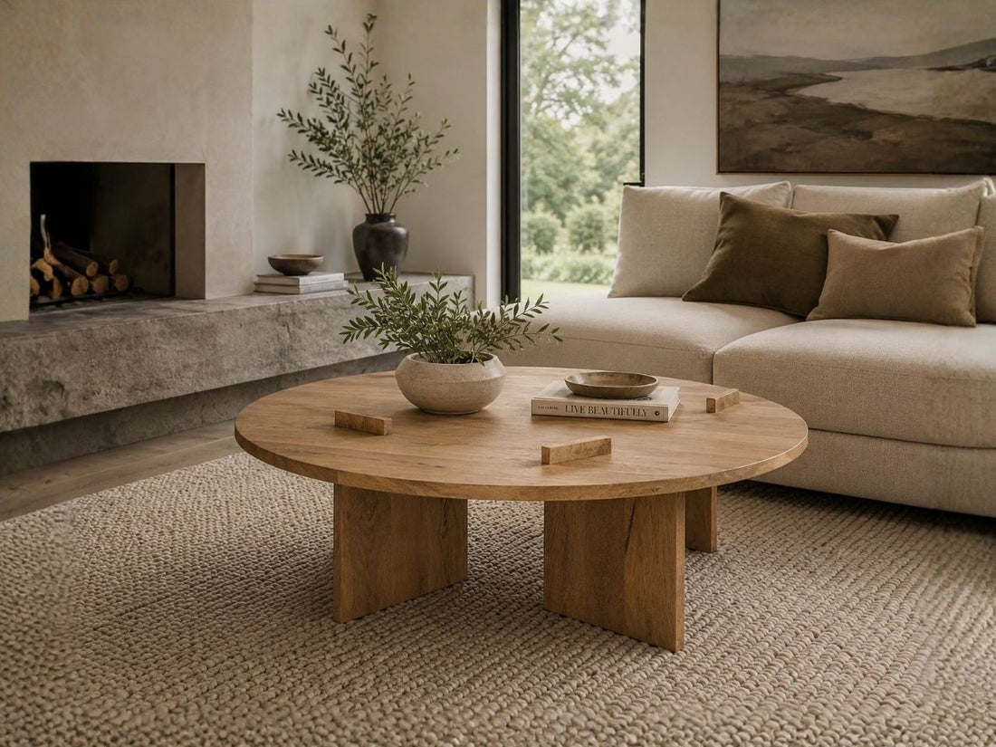 Round wood coffee table with a low-profile design in a modern living room.