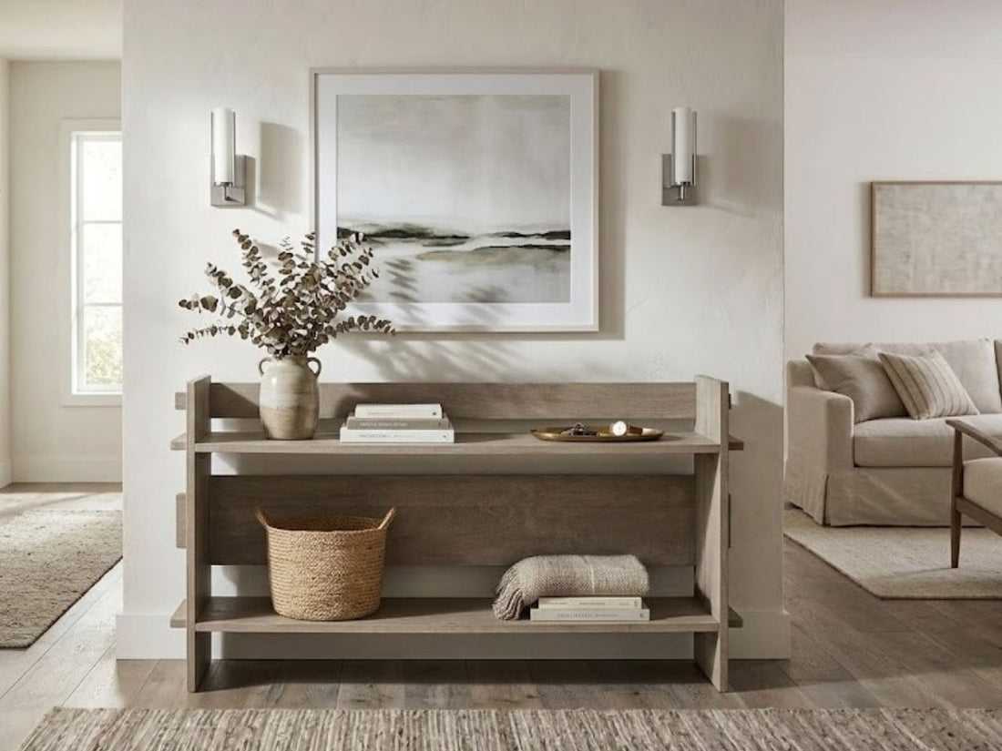 Brown solid wood console table styled in a bright living room with neutral décor and open shelving.