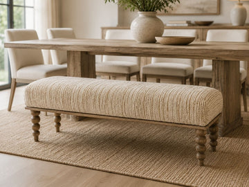 Alder Accent Bench in a dining room setting. 