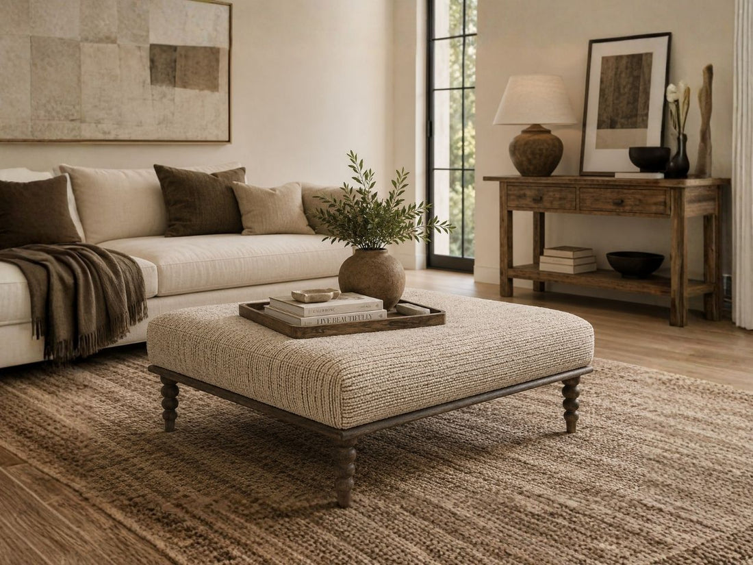 Upholstered square ottoman coffee table with a textured fabric finish and turned wood legs, styled in a cozy transitional living room.