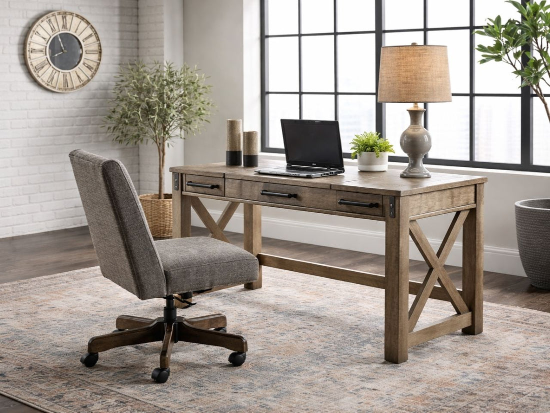 Rustic wood office desk with X-style legs in a bright home office.