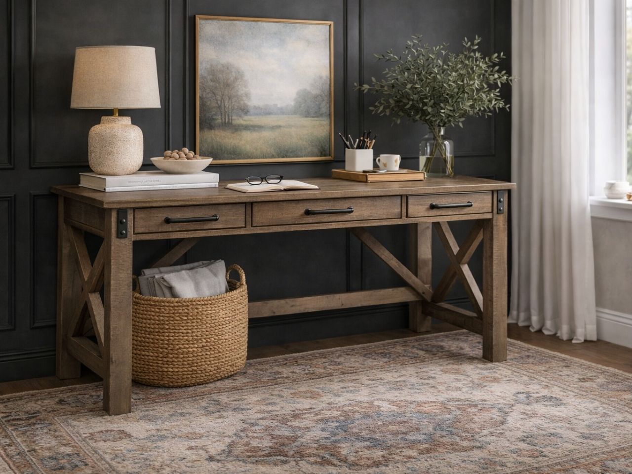 The Aldwin Desk is a farmhouse-inspired piece crafted from wood with a warm, weathered brown finish that highlights the natural grain.