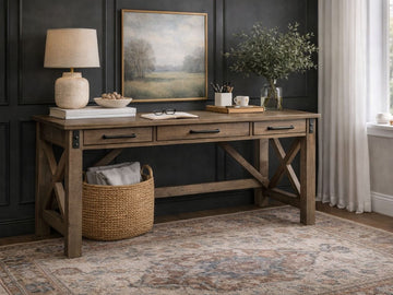 The Aldwin Desk is a farmhouse-inspired piece crafted from wood with a warm, weathered brown finish that highlights the natural grain.