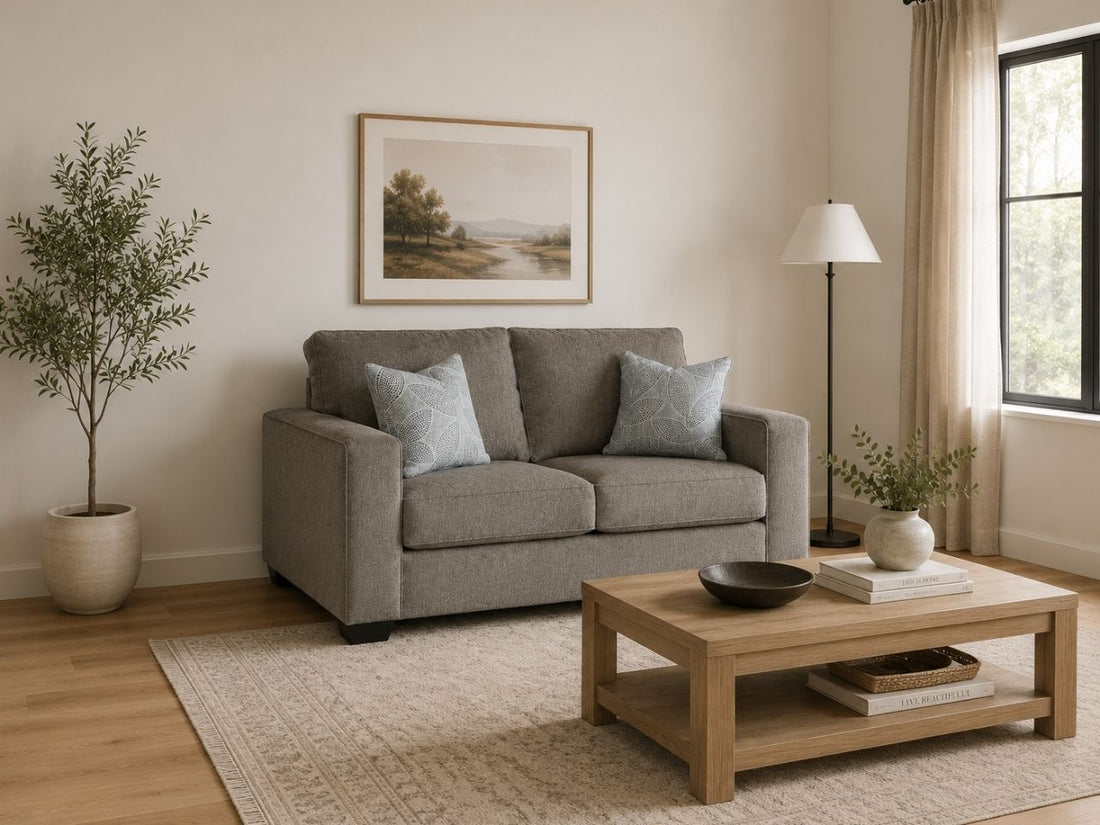 Light gray loveseat with soft accent pillows in a cozy neutral-toned living room.