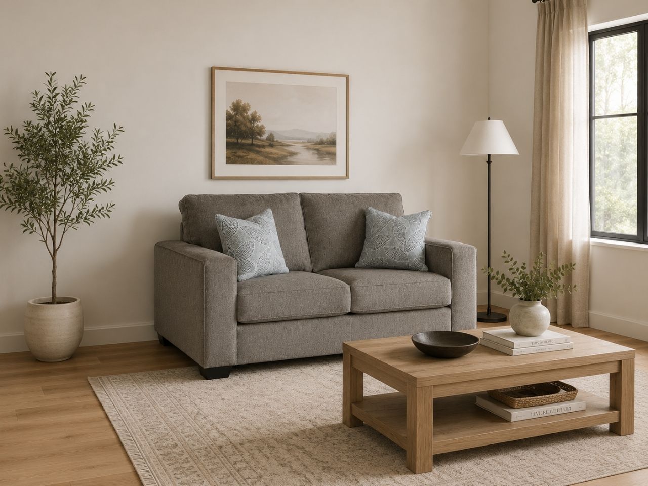 Light gray loveseat with soft accent pillows in a cozy neutral-toned living room.