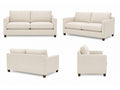 Contemporary neutral fabric sofa displayed from multiple angles on a white background.
