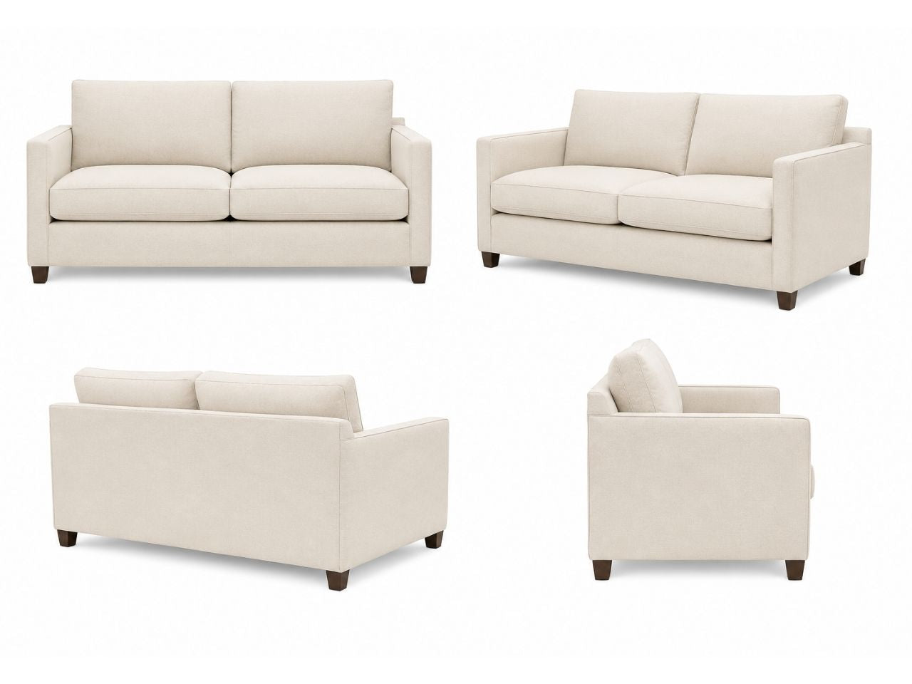 Contemporary neutral fabric sofa displayed from multiple angles on a white background.