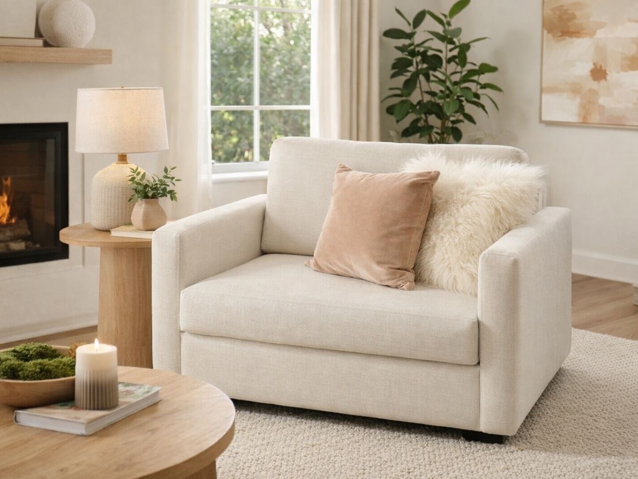 Cream upholstered armchair styled in a cozy living room with accent pillows and a side table.