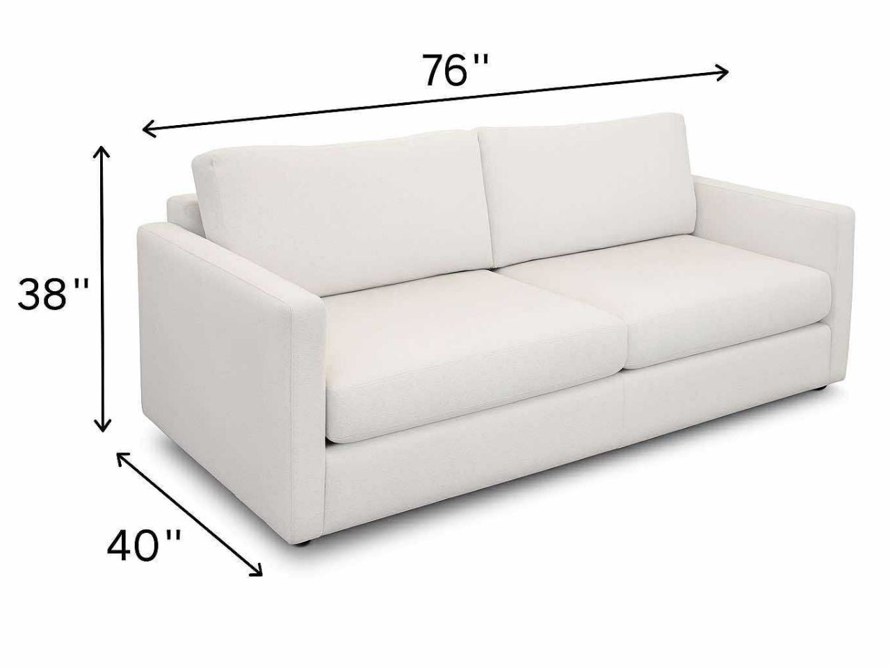 White sofabed in Calgary with dimensions labeled on a white background