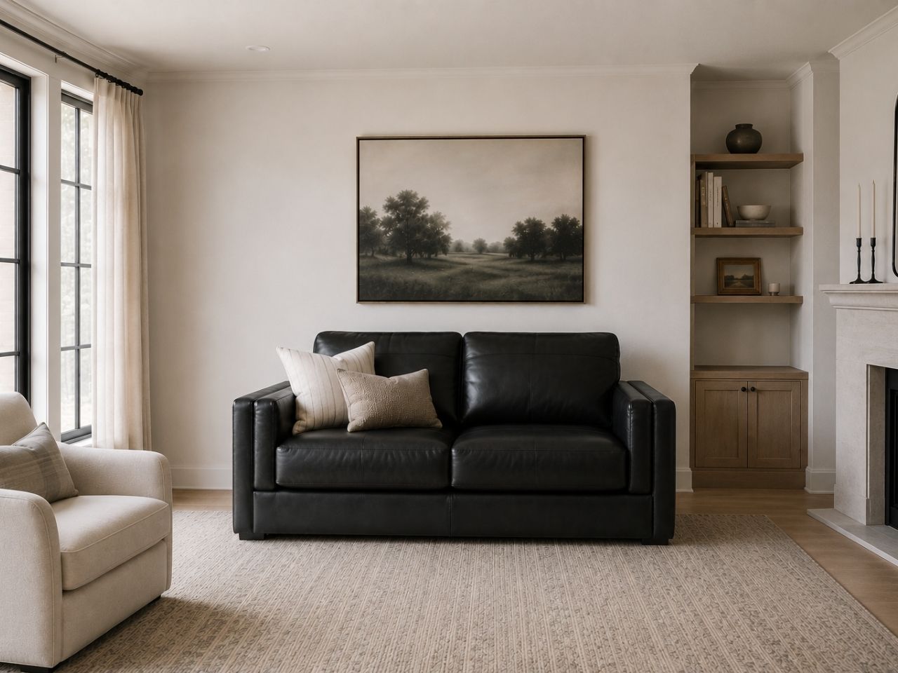 Black leather loveseat with sleek modern styling.