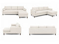 Neutral fabric sectional with chaise shown from multiple angles on a white background.