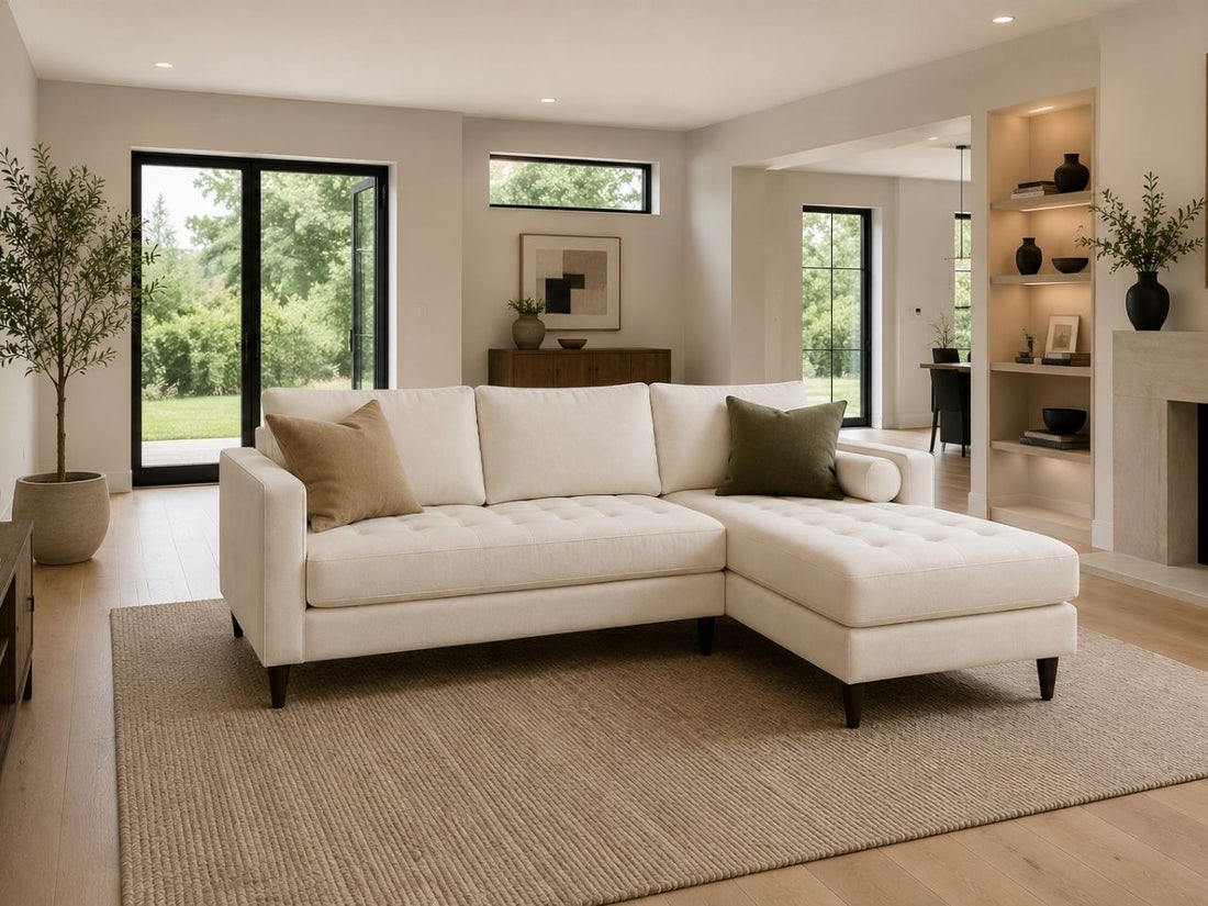 Cream custom sectional with chaise, tufted seat cushions, and tapered wood legs in a bright modern living room.