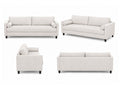 Neutral fabric sofa with bolster pillows shown from multiple angles on a white background.
