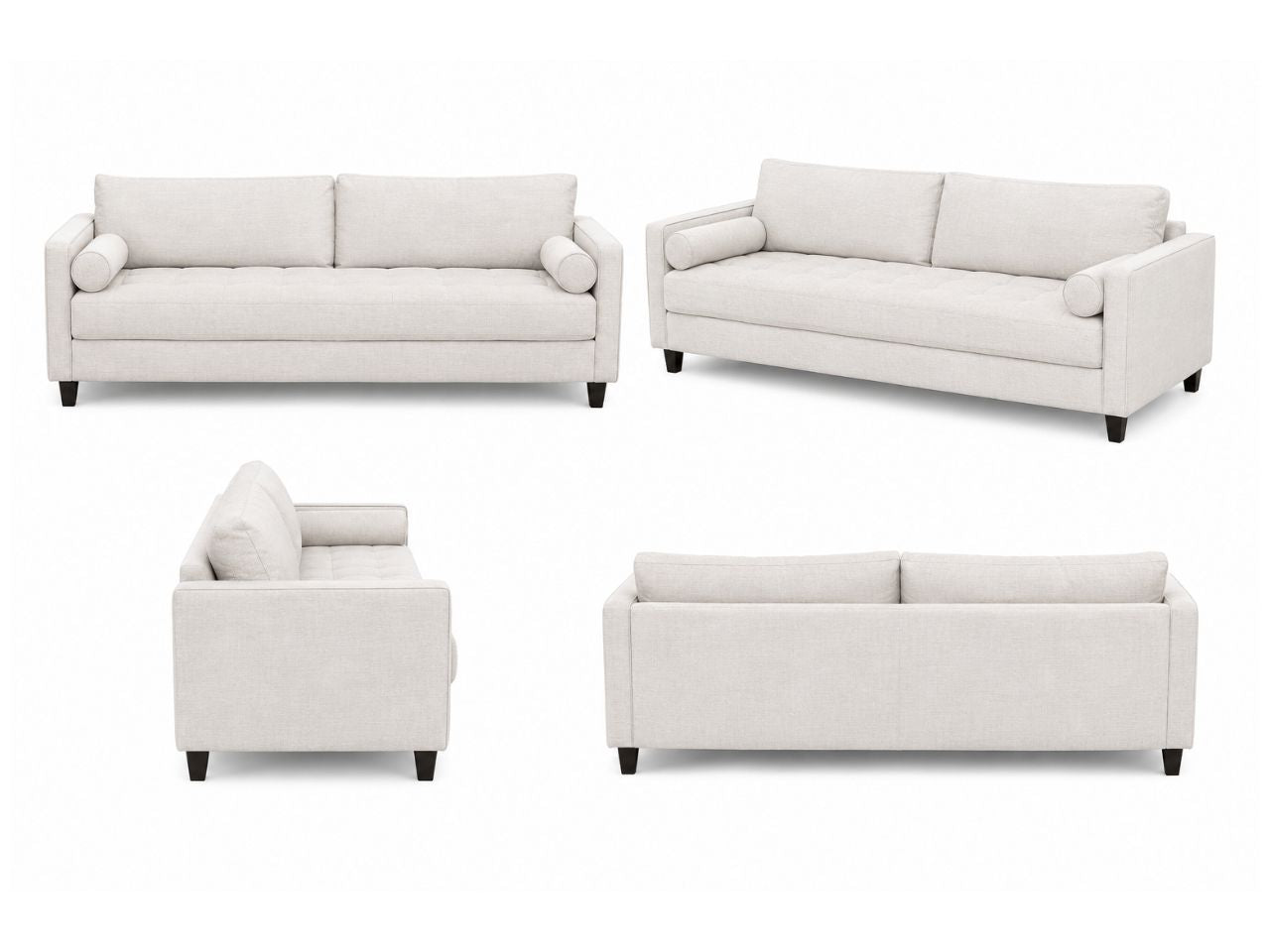 Neutral fabric sofa with bolster pillows shown from multiple angles on a white background.