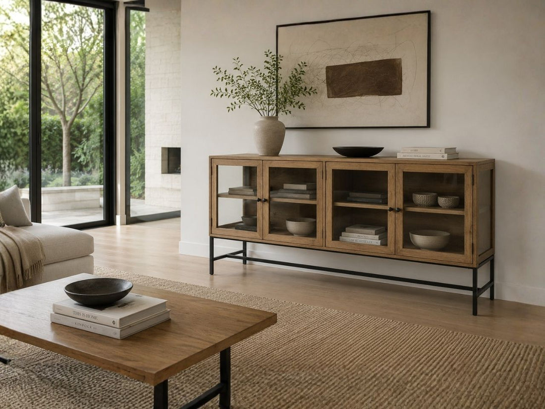 Modern rustic sideboard featuring glass-front cabinet doors, warm natural wood tones, and a sleek black metal base for a light industrial look.