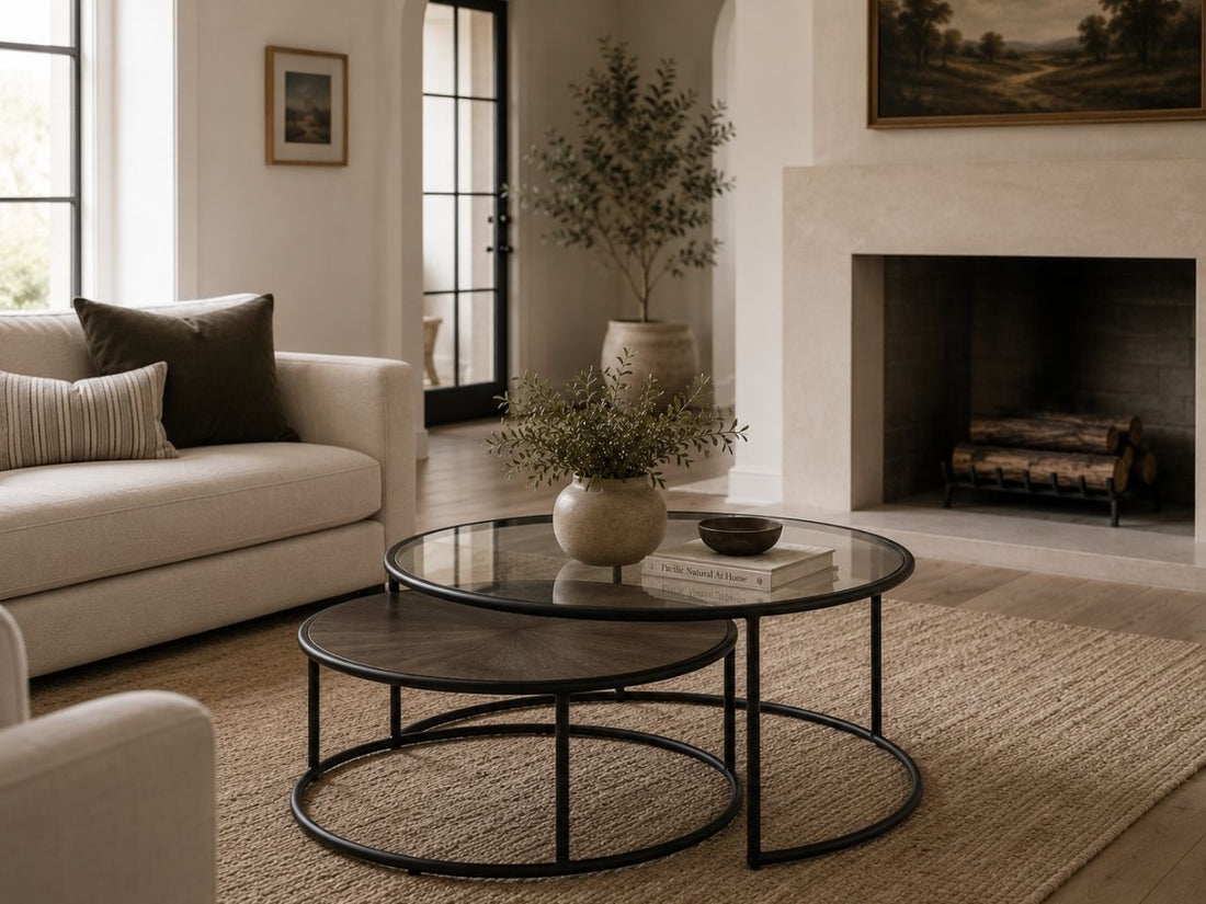 Round nesting coffee tables with glass and wood tops in a modern living room.