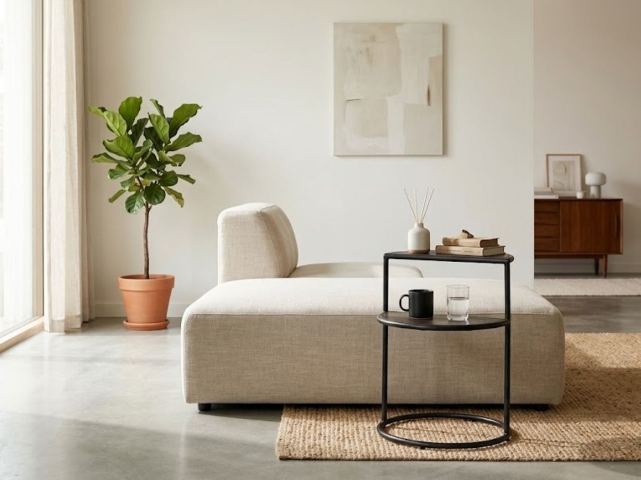 Black metal side table beside a cream lounge chair in a modern living room.