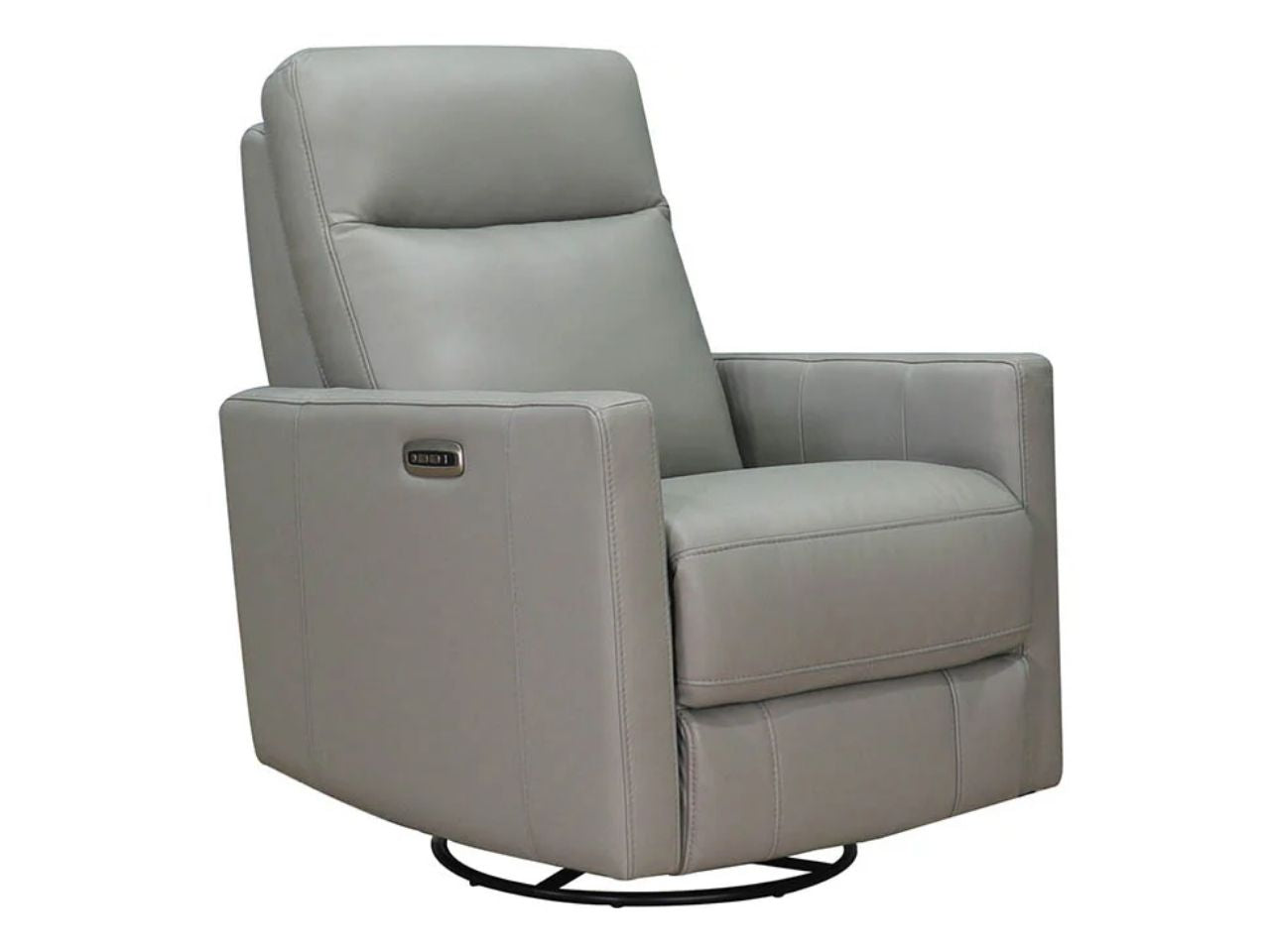 Silver leather power reclining chair on a white background.