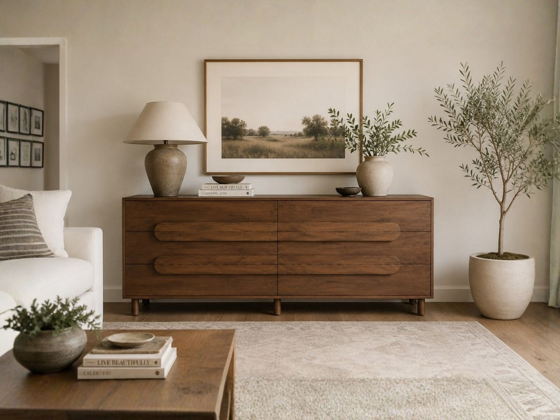 Sophisticated sideboard with rounded drawer details and rich wood finishes.