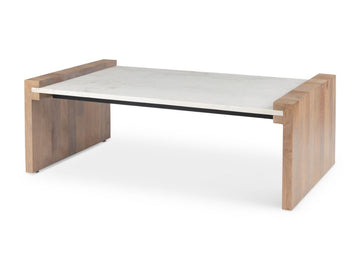 Athens Rectangular Mango Wood Coffee Table with White Marble Top in Calgary in a white background