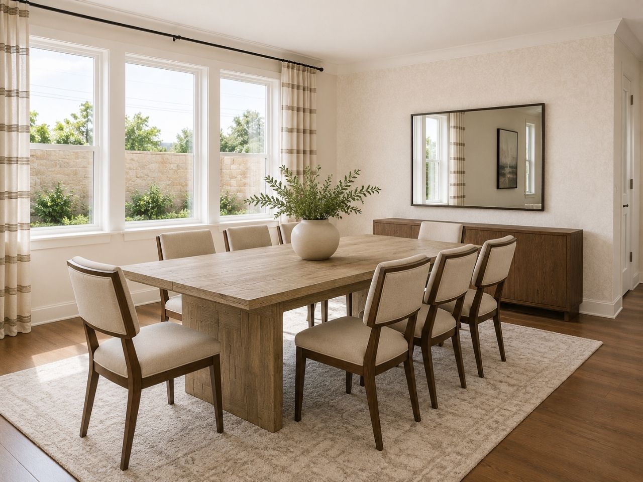 Rectangular wood dining table with six upholstered chairs in a bright dining room.