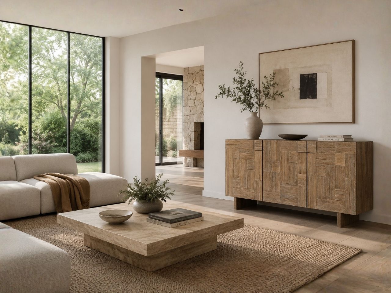 Contemporary sideboard with a geometric parquet-style wood pattern, clean lines, and a natural oak finish that adds warmth and texture.