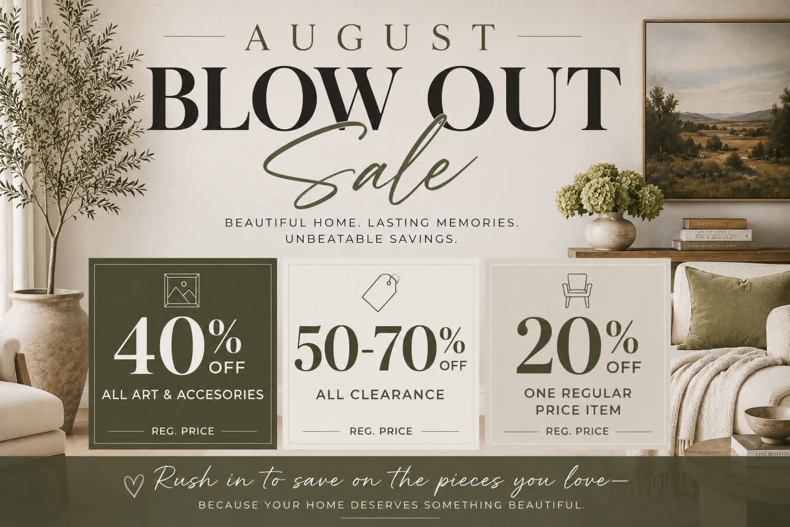 Promotional sale banner for August featuring 'August Blow Out Sale' in Showhome Furniture in Calgary. Three discount panels show 40% off, 50-70% off, and 20% off with categories like all art & accessories, all clearance, and one regular price item.