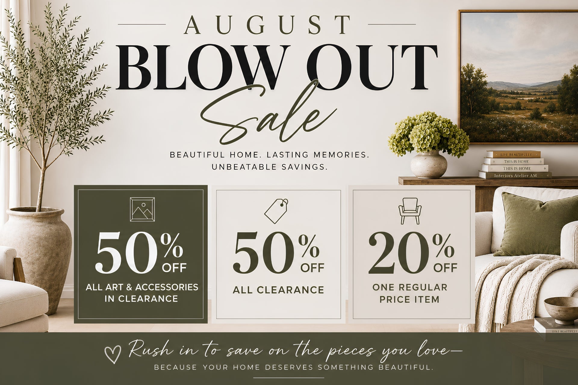 Promotional sale by Showhome Furniture - 50% off all art & accessories in clearance, 50% off all clearance, and 20% off one regular price item.