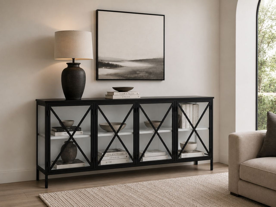 Modern black metal and glass sideboard with open display storage and a sleek industrial look.