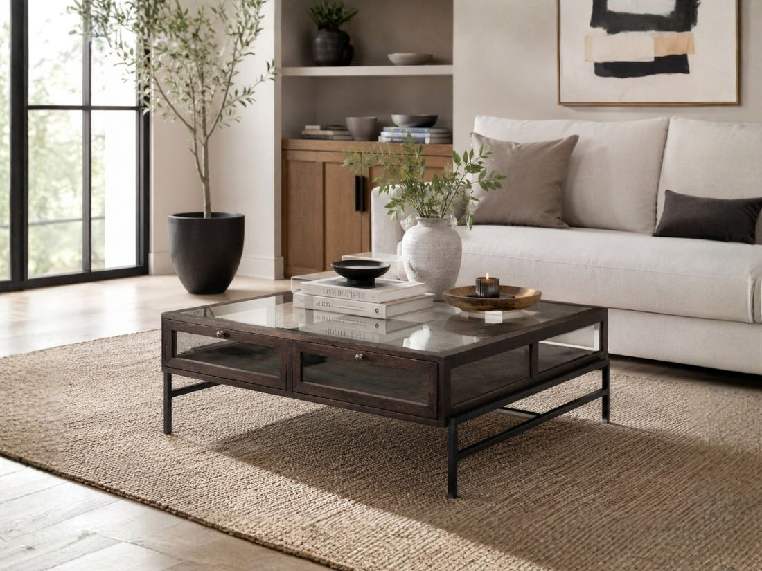Dark wood and glass coffee table in a modern living room.