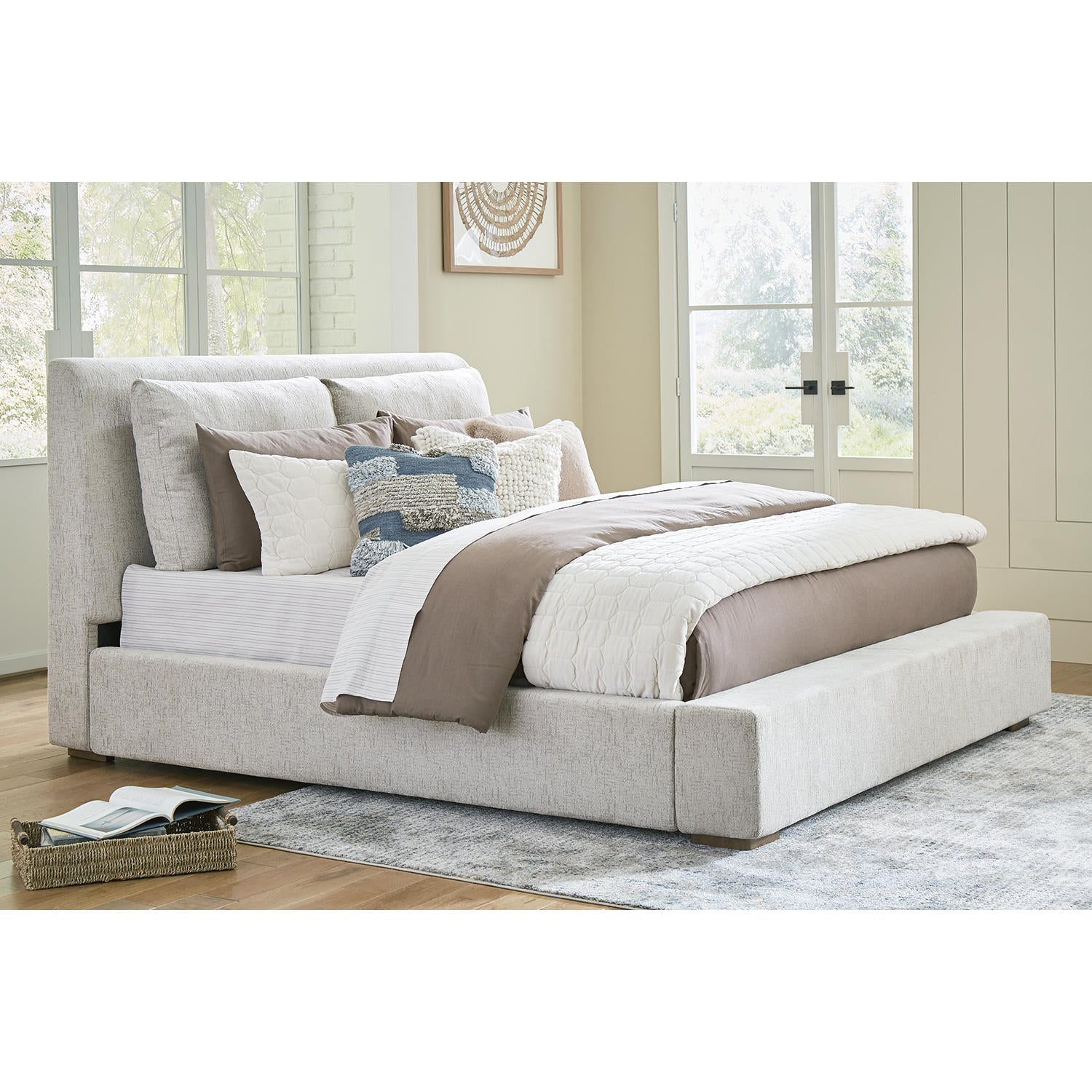 Calmara Light Brown Upholstered Bed with Padded Headboard and Frame