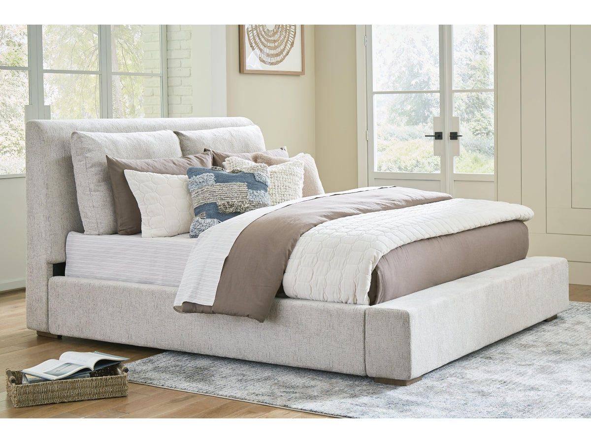 Cabalynn King Upholstered Bed - Light Brown Linen-Look Fabric Headboard