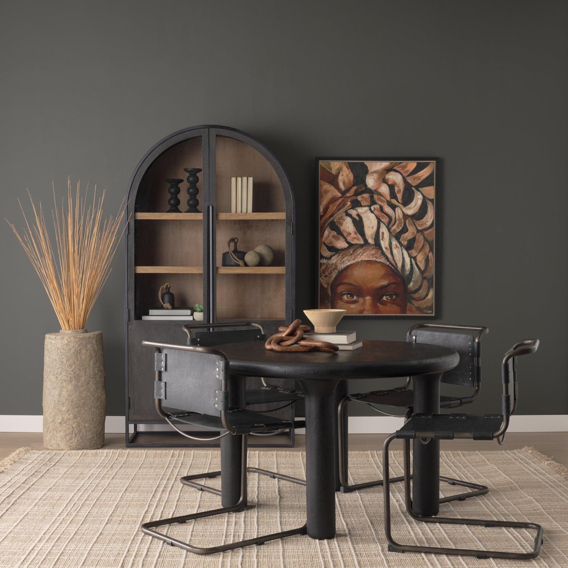 Sloan Arched Cabinet Black Wood W/Black Metal Frame - Calgary Furniture Store