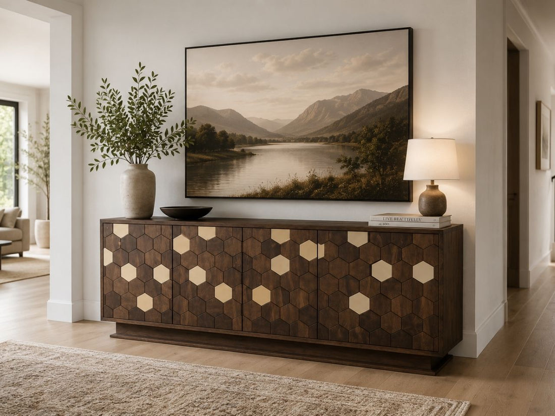 Dark wood sideboard with a geometric hexagon pattern.