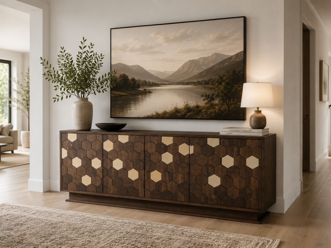 Dark wood sideboard with a geometric hexagon pattern.