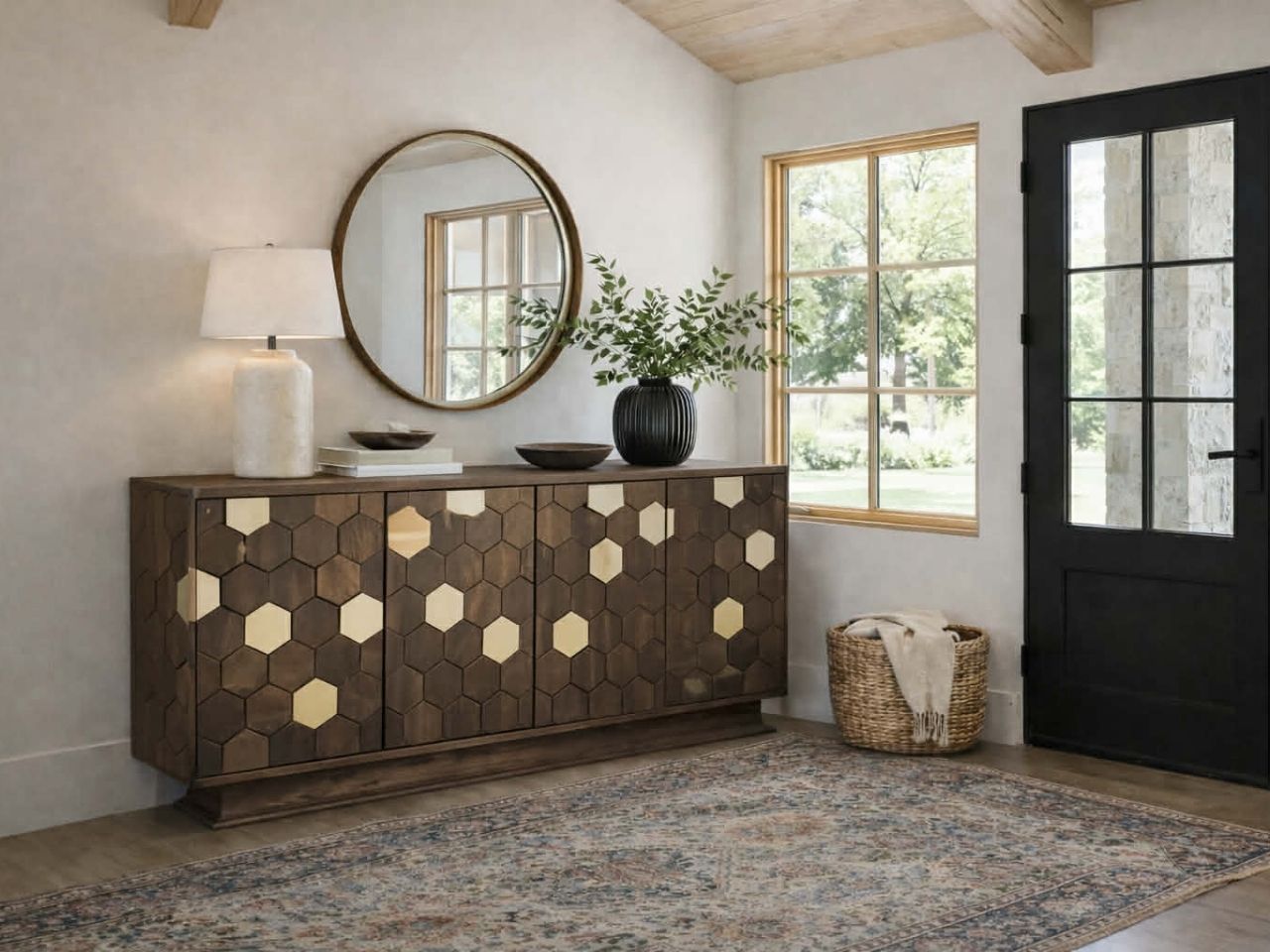 A dark wood sideboard featuring a geometric honeycomb pattern across its four doors.