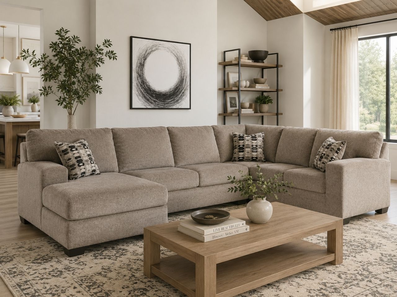 Soft taupe fabric sectional with chaise in a warm modern living room.