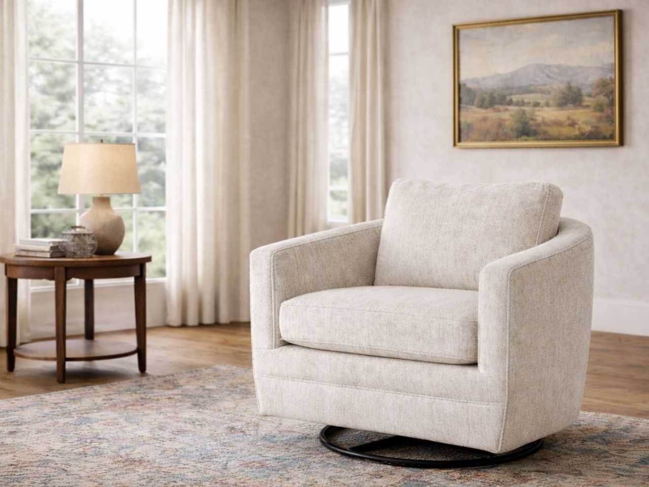 bright beige fabric swivel accent chair in a bright living room setting.